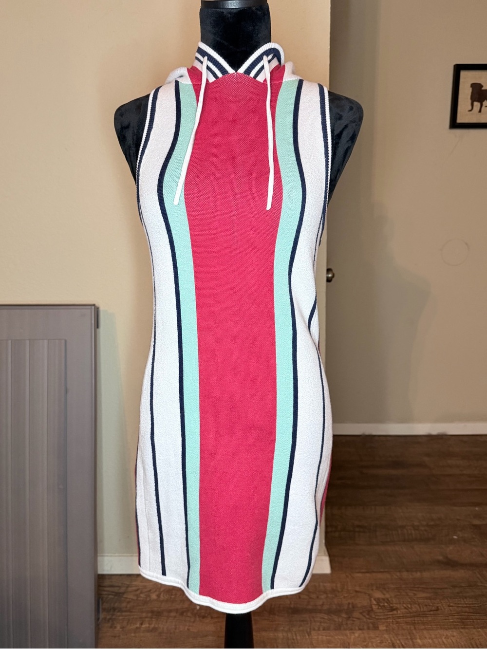 Striped Sleeveless Hooded Swim Coverup in Pink and Mint